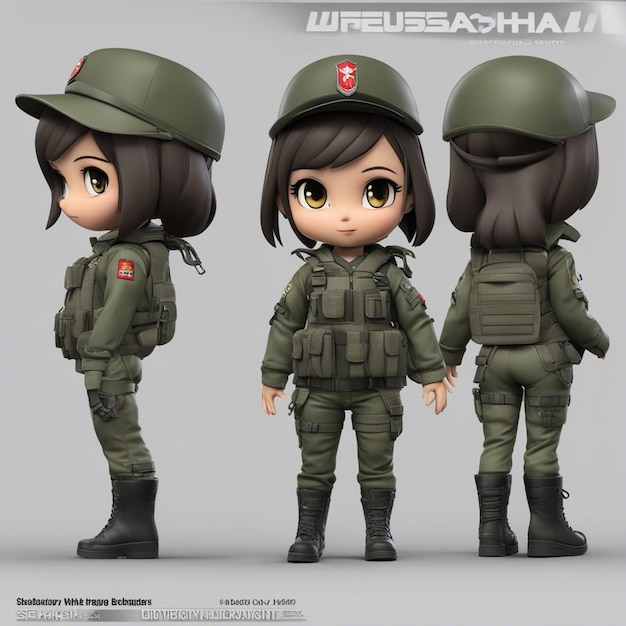 Foto una ragazza di carattere chibi cartoon tyle3d dell'esercito brasiliano con giacca di pistola che usa uno zaino