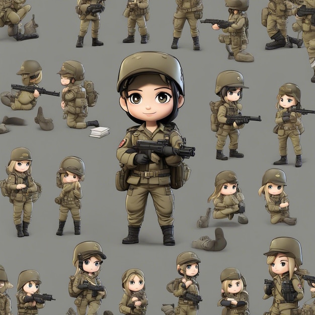 バックパックを使用してガン ジャケットを着たちび漫画 tyle3D ブラジル軍キャラクターの女の子