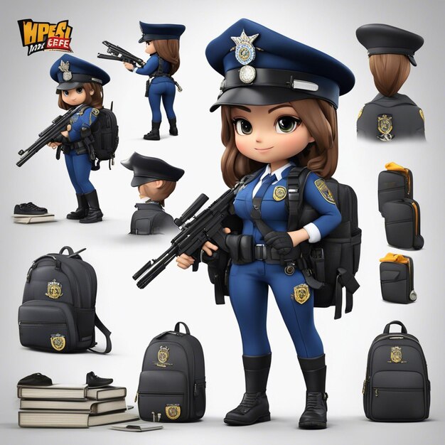 Девушка из мультфильма в стиле чиби tyle3DBБразильская полицейская в куртке с пистолетом и рюкзаком