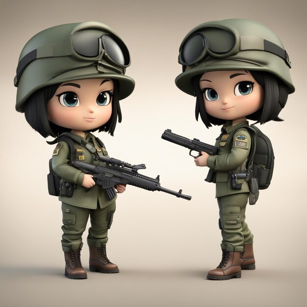 A chibi cartoon tyle3dbrazilian police character girl with gun jacket using a backpack