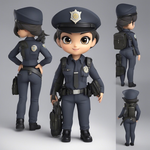 Foto un personaggio dei cartoni animati chibi in stile 3d ragazza personaggio della polizia brasiliana con giacca a pistola che usa uno zaino