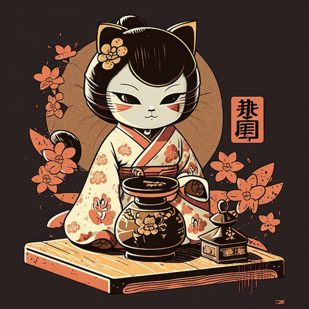写真 キモノを着た日本の猫とお茶の儀式 - 中国のリビングルームの伝統的な木製の家具 - カートゥーンアイがテーブルの上にゲイシャのカップとティーポットを描いたイラスト
