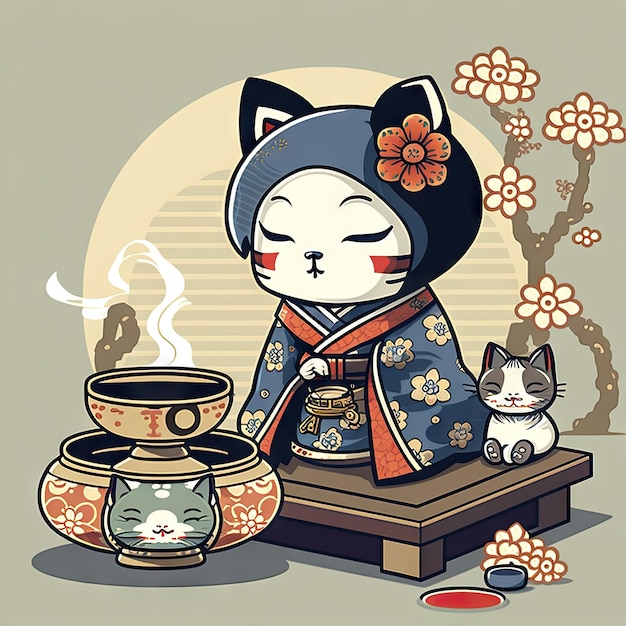 Фото Чиби кошка гейша на чайной церемонии ai создала азиатского котенка в кимоно и традиционные деревянные мебели чашки и чайник на столе китайская кошка с цветами сакуры изображение восточной культуры