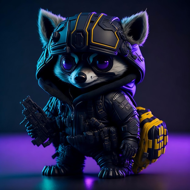 chibi cute hyperrealistic futuristic soldierblack neon background