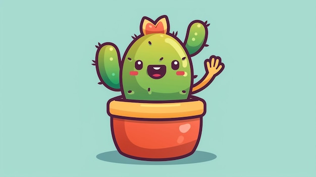 chibi emote of a cute cactus waving and smiling flat design