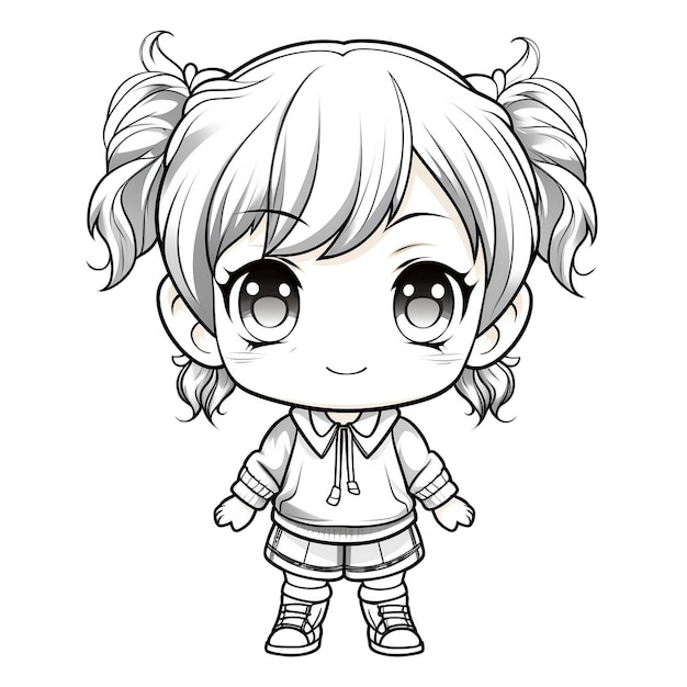 Chibi happy anime girl illustration for coloring book