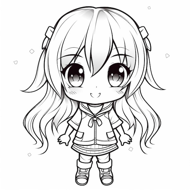 Chibi happy anime girl illustration for coloring book