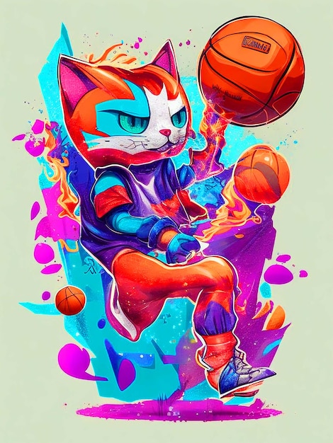 Chibi hooded cat vector tshirt art ready to trying to make a dunk shotplaying basketball