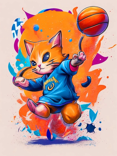 Chibi hooded cat vector tshirt art ready to trying to make a dunk shotplaying basketball