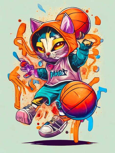 Photo chibi hooded cat vector tshirt art ready to trying to make a dunk shotplaying basketball