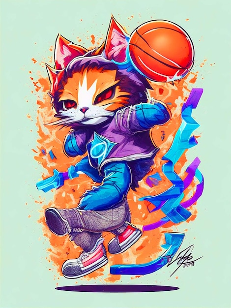 Photo chibi hooded cat vector tshirt art ready to trying to make a dunk shotplaying basketball