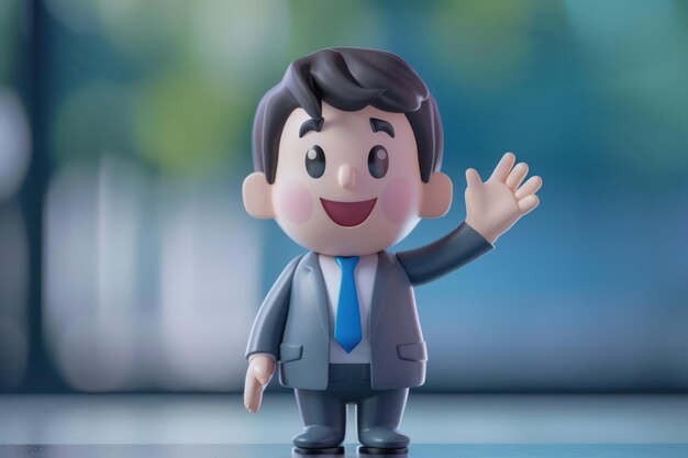 a chibi man with a suit and tie is waving