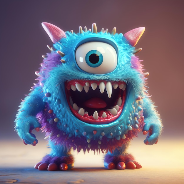 Chibi pluizige monster met grote ogen en scherpe tanden in cartoon stijl