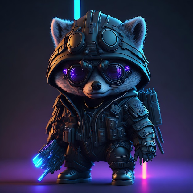 Chibi schattig hyperrealistisch futuristisch soldaat zwarte neon achtergrond