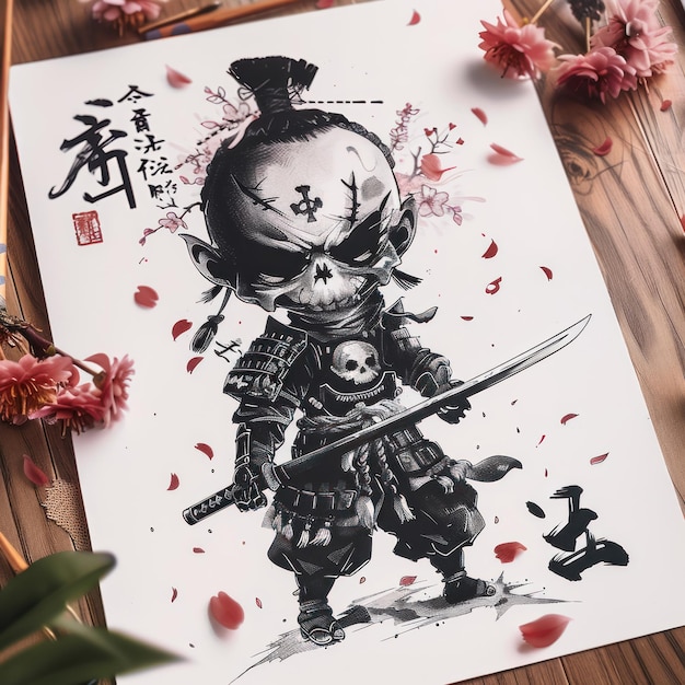 Chibi skull samurai with crossed katanas cherry blossoms falling around a serene rage