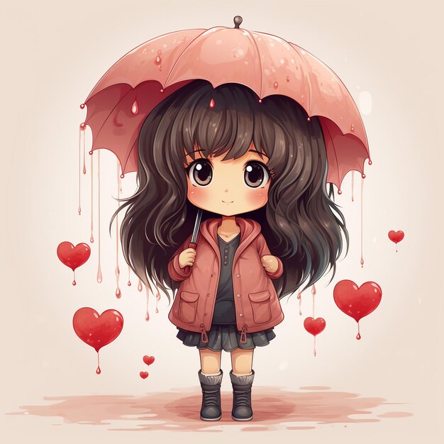 Chibi-stijl manga meisje zalig in een regenachtige scène met een hartvormige paraplu mascotte