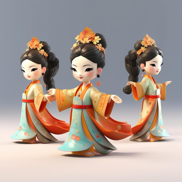 Chibi stripfiguur Chinese ontwerpstijl dansen op geïsoleerde achtergrond