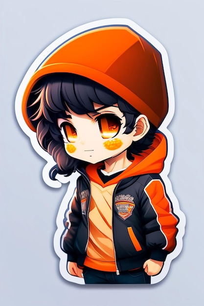 Chibi stylish boy wearing orange and black hoodie Generative by Ai