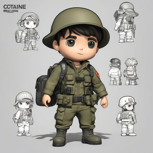 Foto un simpatico personaggio soldato dell'esercito in 3d chibistyle con pistola e giacca che usa uno zaino