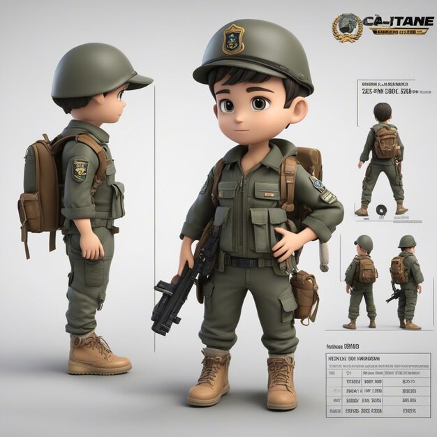 Foto un simpatico personaggio soldato dell'esercito in 3d chibistyle con pistola e giacca che usa uno zaino