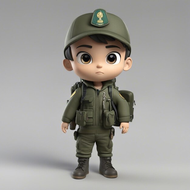 Photo a chibistyle 3d cute army soldier character boy with gun and jacket using a backpack