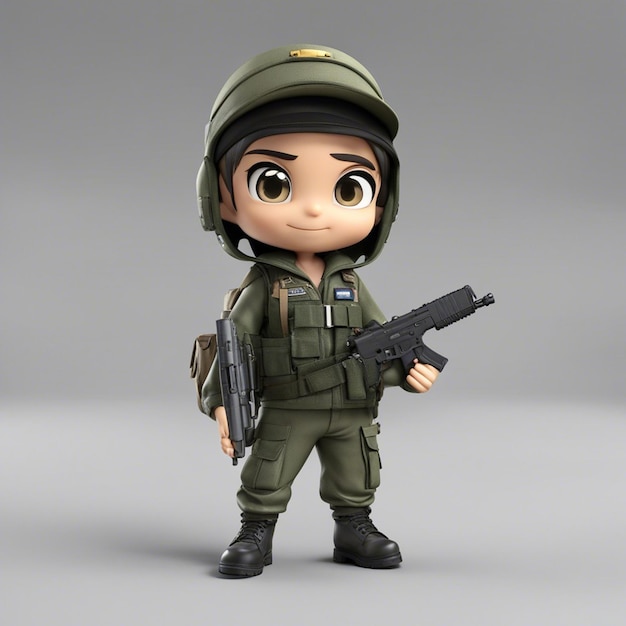 Photo a chibistyle 3d cute army soldier character boy with gun and jacket using a backpack