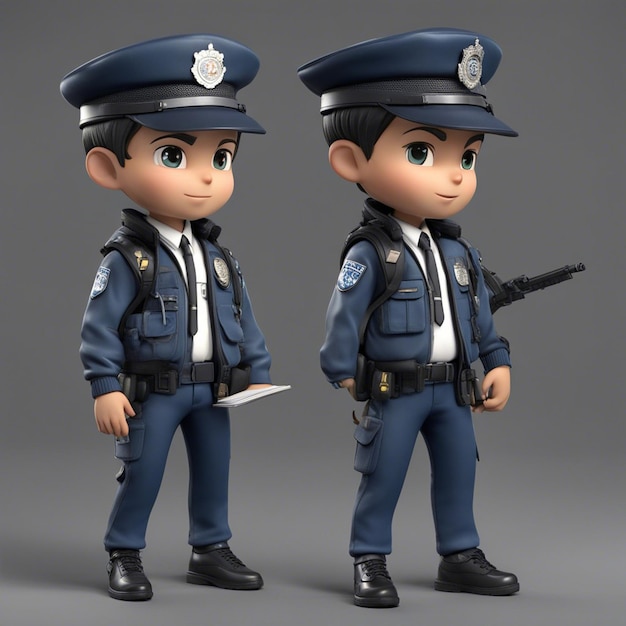 Photo a chibistyle 3d cute police man cartoon character boy with gun and jacket using a backpack