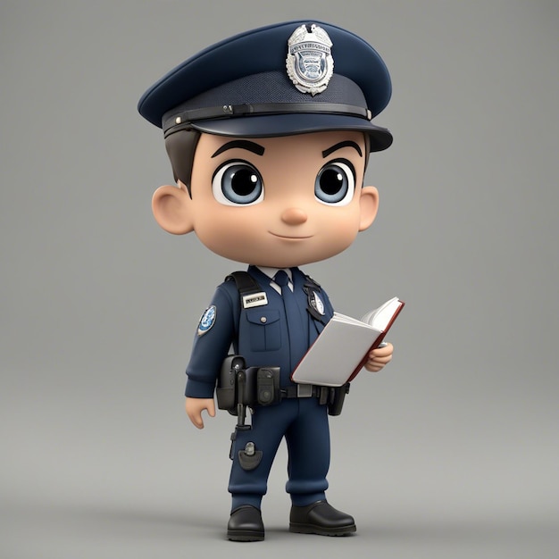 バックパックを使用して銃とジャケットを着た Chibistyle 3 D かわいい警察官の漫画のキャラクターの少年