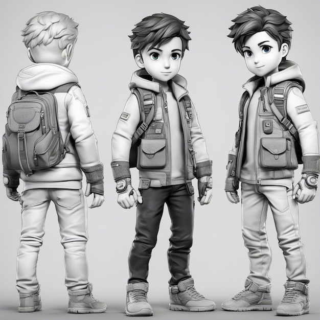 Chibistyle 3DBrazilian game character boy with gun jacket using a backpack shirt and pants hold