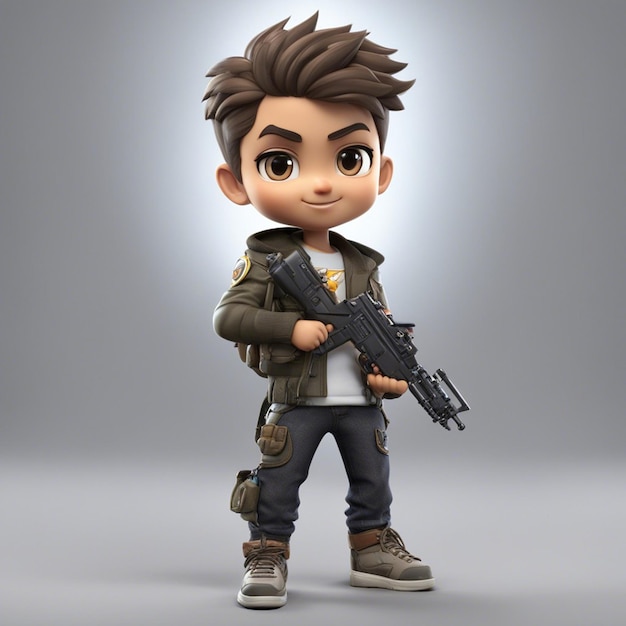 Chibistyle 3DBrazilian game character boy with gun jacket using a backpack shirt and pants hold