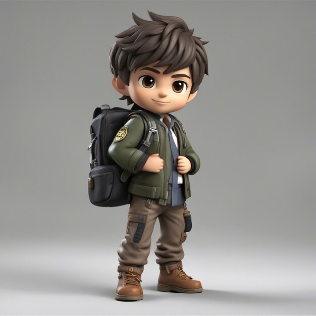 Chibistyle 3DBrazilian game character boy with gun jacket using a backpack shirt and pants hold