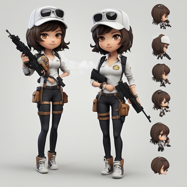 사진 chibistyle 3d배낭 셔츠와 바지를 사용하여 총을 들고 있는 브라질 게임 캐릭터 소녀