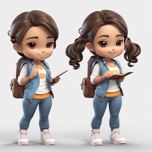 Chibistyle 3DBrazilian student girl using a backpack shirt and pants holding a notebook