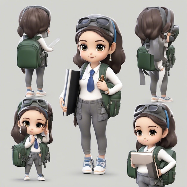 Chibistyle 3DBrazilian student girl using a backpack shirt and pants holding a notebook