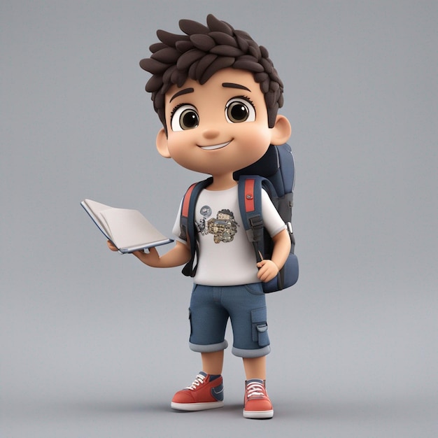 Chibistyle 3Dノートを持ったバックパックシャツとパンツを使用するブラジル人学生