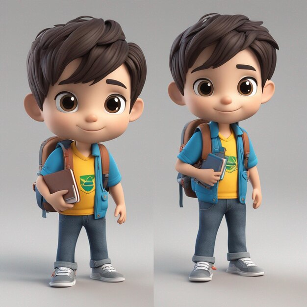 Chibistyle 3Dノートを持ったバックパックシャツとパンツを使用するブラジル人学生