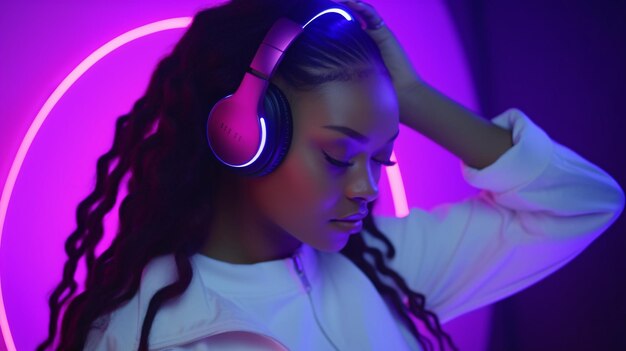 Photo chic african american teen model sporting headphones dancing to dj beats in vibrant purple neon lighting while grooving to trendy tunes