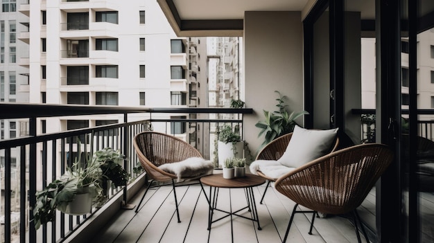 Chic appartement balkon met een minimalistische koffie AI gegenereerd