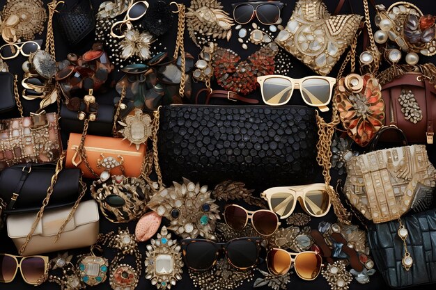 Chic arrangement of designer handbags sunglasses and statement jewelry