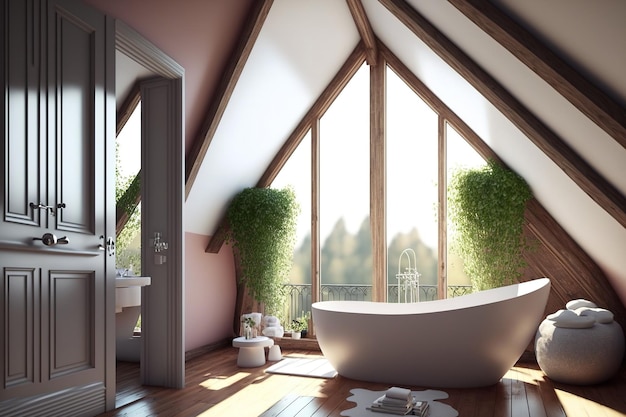 A chic attic bathroom with a contemporary bathtub a wooden floor and a balcony door