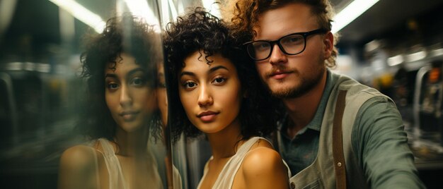 Photo a chic attractive multiethnic couple posing behind the glass of a washing machine in a coinoperated laundry