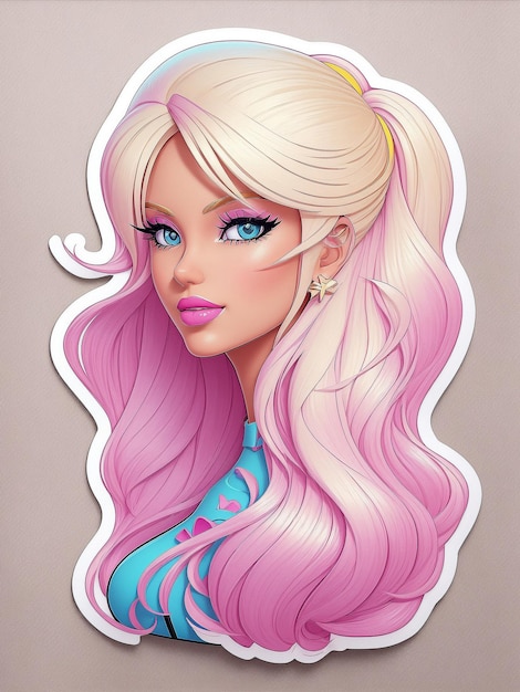 Chic Barbie Doll Sticker Blonde Ombre Pink Long Hair Pastel Color Wearing Cyan Outfit