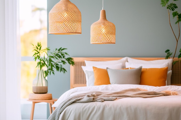 Chic bedroom Plush headboard textured linens and a natural touch with rattan pendant light