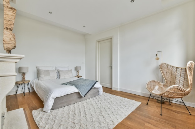 A chic bedroom with a carpet