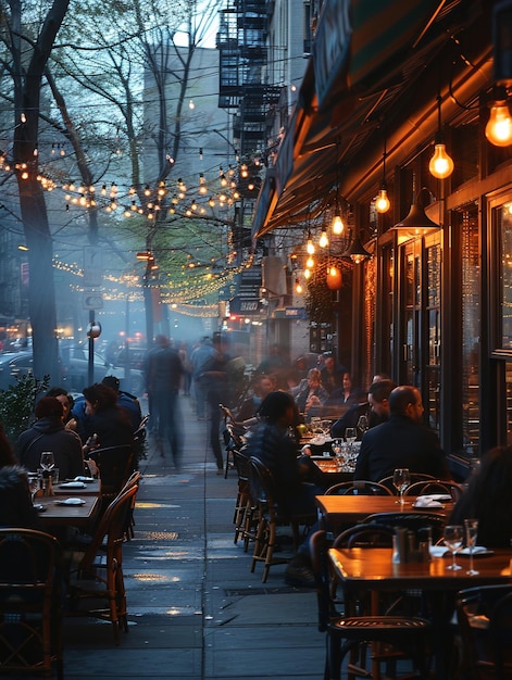Photo chic bistro patio with patrons enjoying alfresco dining