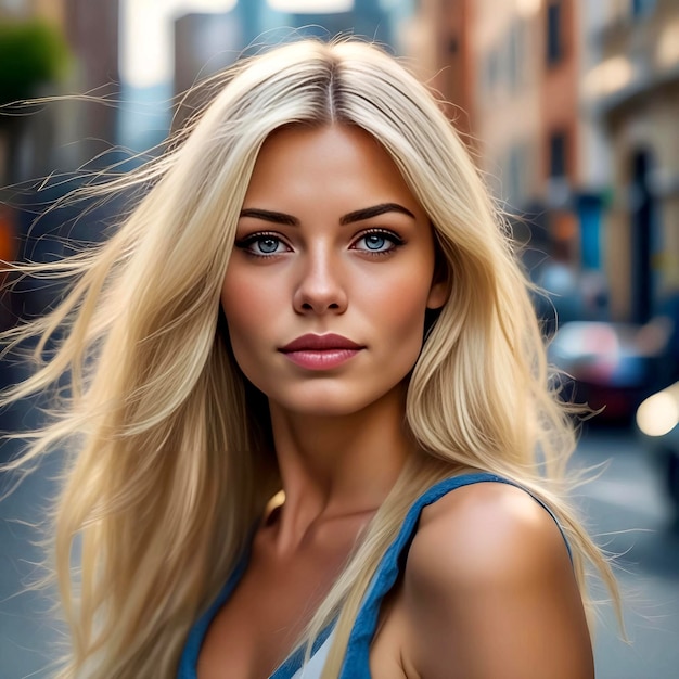 Photo chic blonde top model with delightful makeup and very beautiful figure poses in front of the camera