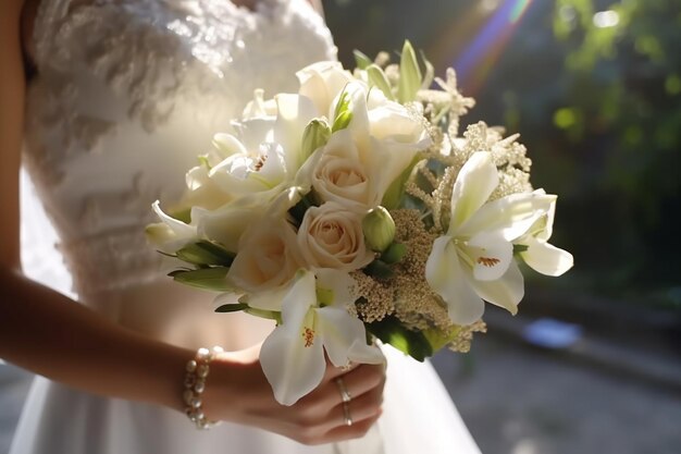 a chic bouquet in the hands of a bride in a white dress Luxury wedding bouquet