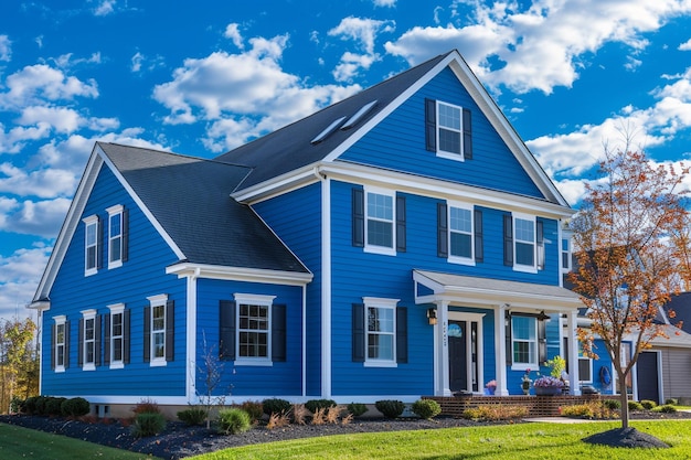 A chic cobalt blue house with siding located on a spacious lot in a suburban subdivision showcasing traditional windows and shutters under a bright sunny day