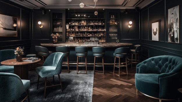A chic cocktail lounge with a sleek bar and velvet seating AI generated