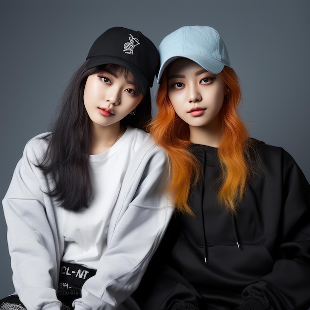 Chic and Confident Fashion Forward Kpop Duo Rocking Streetwear and Baseball Caps in Striking Photog